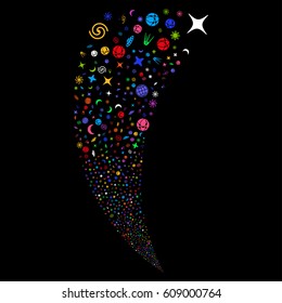 Space Symbols random fireworks stream. Vector illustration style is flat bright multicolored iconic symbols on a black background. Object fountain combined from scattered pictographs.
