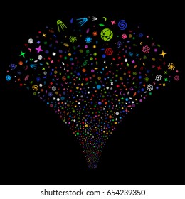 Space Symbols salute stream. Vector illustration style is flat bright multicolored iconic symbols on a black background. Object source fountain created from random pictographs.