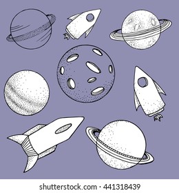 space system, vector and hand illustration planets, space ships, satellites
