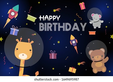 Space team. Birthday concept template with cute animals