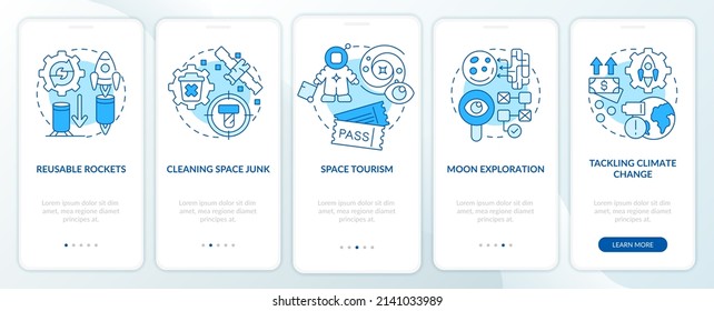 Space technologies blue onboarding mobile app screen. Exploration walkthrough 5 steps graphic instructions pages with linear concepts. UI, UX, GUI template. Myriad Pro-Bold, Regular fonts used