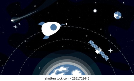 space technology around earth cartoon flat style