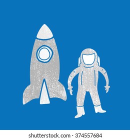 Space technology astronaut and spaceship stamp