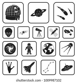 Space technology black icons in set collection for design.Spacecraft and equipment vector symbol stock web illustration.