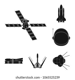 Space technology black icons in set collection for design.Spacecraft and equipment vector symbol stock web illustration.