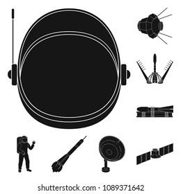 Space technology black icons in set collection for design.Spacecraft and equipment vector symbol stock web illustration.