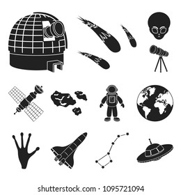 Space technology black icons in set collection for design.Spacecraft and equipment vector symbol stock web illustration.