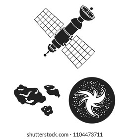 Space technology black icons in set collection for design.Spacecraft and equipment vector symbol stock web illustration.