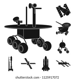 Space technology black icons in set collection for design.Spacecraft and equipment vector symbol stock web illustration.