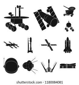 Space technology black icons in set collection for design.Spacecraft and equipment vector symbol stock web illustration.