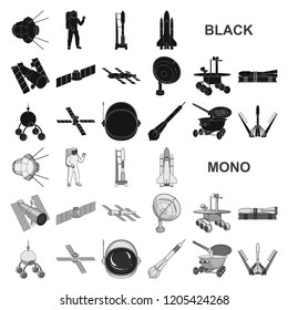 Space technology black icons in set collection for design.Spacecraft and equipment vector symbol stock web illustration.