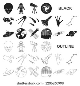 Space technology black icons in set collection for design.Spacecraft and equipment vector symbol stock web illustration.