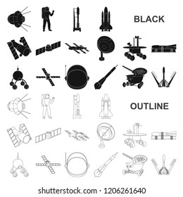 Space technology black icons in set collection for design.Spacecraft and equipment vector symbol stock web illustration.