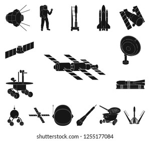 Space technology black icons in set collection for design.Spacecraft and equipment vector symbol stock web illustration.