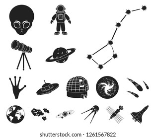 Space technology black icons in set collection for design.Spacecraft and equipment vector symbol stock web illustration.