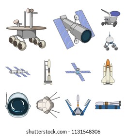Space technology cartoon icons in set collection for design. Spacecraft and equipment vector symbol stock web illustration.