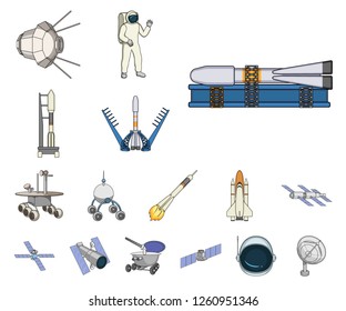 Space technology cartoon icons in set collection for design.Spacecraft and equipment vector symbol stock web illustration.