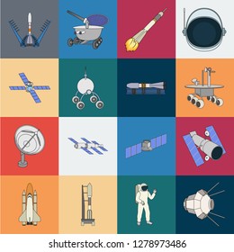 Space technology cartoon icons in set collection for design.Spacecraft and equipment vector symbol stock web illustration.