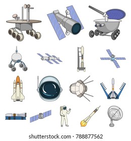 Space technology cartoon icons in set collection for design.Spacecraft and equipment vector symbol stock web illustration.