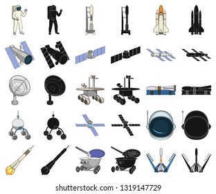 Space technology cartoon,black icons in set collection for design.Spacecraft and equipment vector symbol stock web illustration.