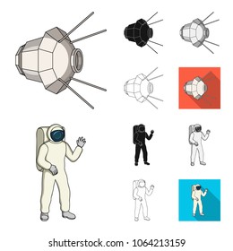 Space technology cartoon,black,flat,monochrome,outline icons in set collection for design.Spacecraft and equipment vector symbol stock web illustration.