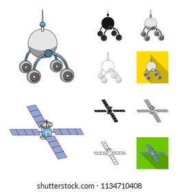 Space technology cartoon,black,flat,monochrome,outline icons in set collection for design.Spacecraft and equipment vector symbol stock web illustration.