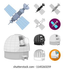 Space technology cartoon,black,flat,monochrome,outline icons in set collection for design.Spacecraft and equipment vector symbol stock web illustration.