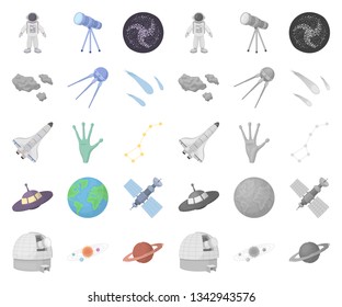 Space technology cartoon,mono icons in set collection for design.Spacecraft and equipment vector symbol stock web illustration.