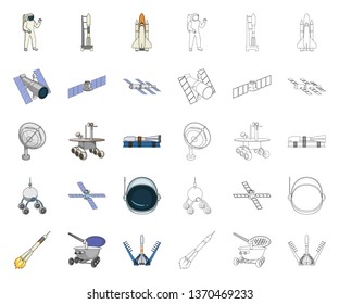 Space technology cartoon,outline icons in set collection for design.Spacecraft and equipment vector symbol stock web illustration.