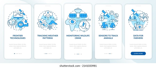 Tecnología espacial y pantalla de aplicación móvil azul en el tablero del cambio climático. Recorrido 5 pasos de páginas de instrucciones gráficas con conceptos lineales. UI, UX, plantilla GUI. Multitud de tipos de letra Pro-Bold, con uso regular
