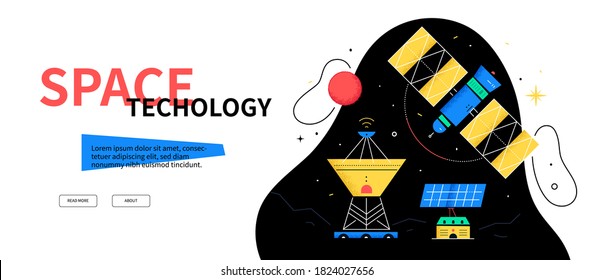 Space technology - colorful flat design style web banner with copy space for text. Galaxy, cosmic exploration and astronomy theme. An illustration with satellite dish, solar panel, planet images
