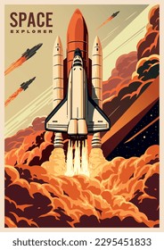 Space technology colorful vintage flyer with intergalactic shuttle for interplanetary wars or science fiction book design vector illustration