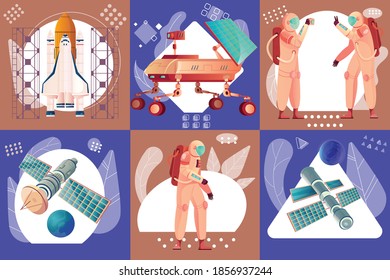 Space technology design concept with set of flat compositions with satellites moon walker rocket and astronauts vector illustration