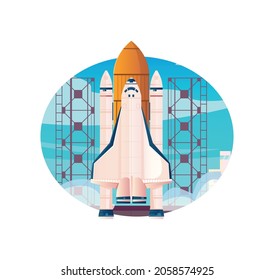 Space technology flat composition with view of space shuttle with rocket on launch pad vector illustration