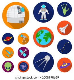 Space technology flat icons in set collection for design.Spacecraft and equipment vector symbol stock web illustration.