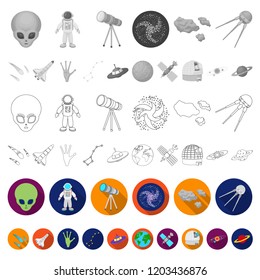Space technology flat icons in set collection for design.Spacecraft and equipment vector symbol stock web illustration.