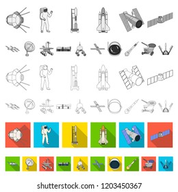 Space technology flat icons in set collection for design.Spacecraft and equipment vector symbol stock web illustration.