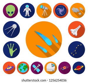 Space technology flat icons in set collection for design.Spacecraft and equipment vector symbol stock web illustration.
