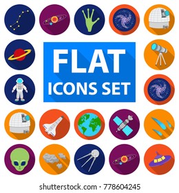 Space technology flat icons in set collection for design.Spacecraft and equipment vector symbol stock web illustration.