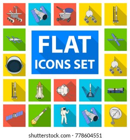 Space technology flat icons in set collection for design.Spacecraft and equipment vector symbol stock web illustration.