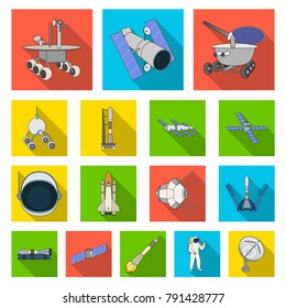 Space technology flat icons in set collection for design.Spacecraft and equipment vector symbol stock web illustration.