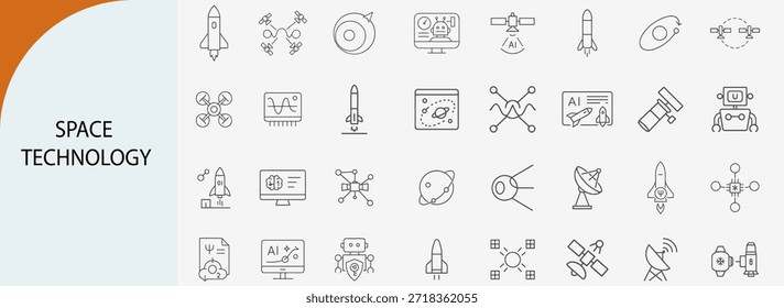 Conjunto de iconos de línea de exploración de galaxias y tecnología espacial, comunicación satelital inteligente y símbolos de ciencia de cohetes, Ilustración vectorial plana