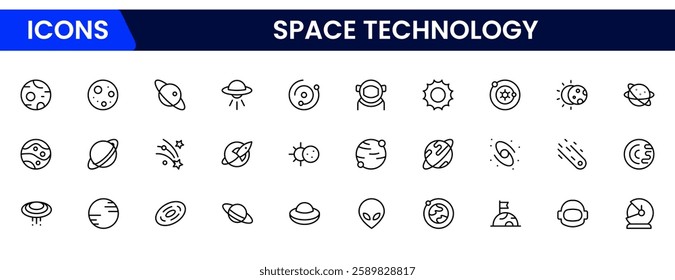 Space and Technology icon set. Containing satellites, the universe, astronauts, rockets, comets, telescopes and planets, and more icons