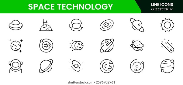 Space and Technology icon set. Containing satellites, the universe, astronauts, rockets, comets, telescopes and planets, and more icons