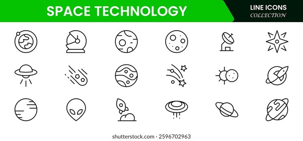 Space and Technology icon set. Containing satellites, the universe, astronauts, rockets, comets, telescopes and planets, and more icons