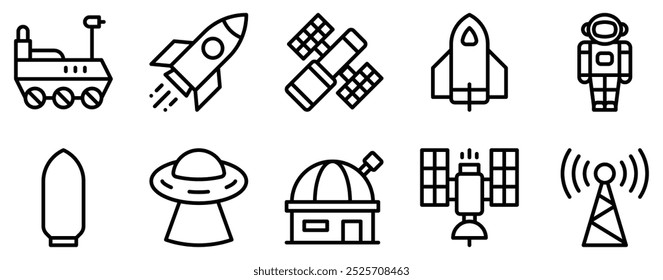 Space Technology Icon Set Futuristic Line Style Collection for Astronomical Exploration