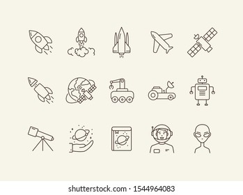 Space technology icon set. Planet and satellite, robot, telescope. Space technology concept. Vector illustration can be used for topics like space, technologies, universe