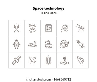 Space technology icon set. Planet and satellite, robot, telescope. Space technology concept. Vector illustration can be used for topics like space, technologies, universe