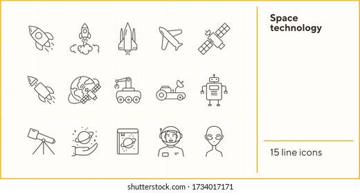 Space technology icon set. Planet and satellite, robot, telescope. Space technology concept. Vector illustration can be used for topics like space, technologies, universe