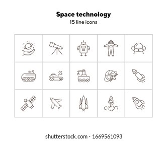 Space technology icons. Rocket, spaceship, satellite. Space technology concept. Vector illustration can be used for topics like space, technologies, universe